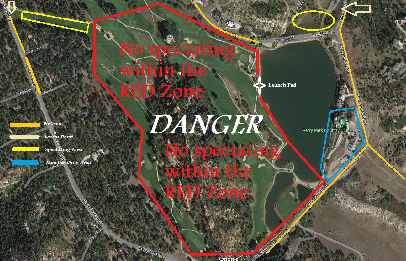 Aerial View of the District with Firework Spectating areas indicated and areas to stay out of enclosed with a red boarder.